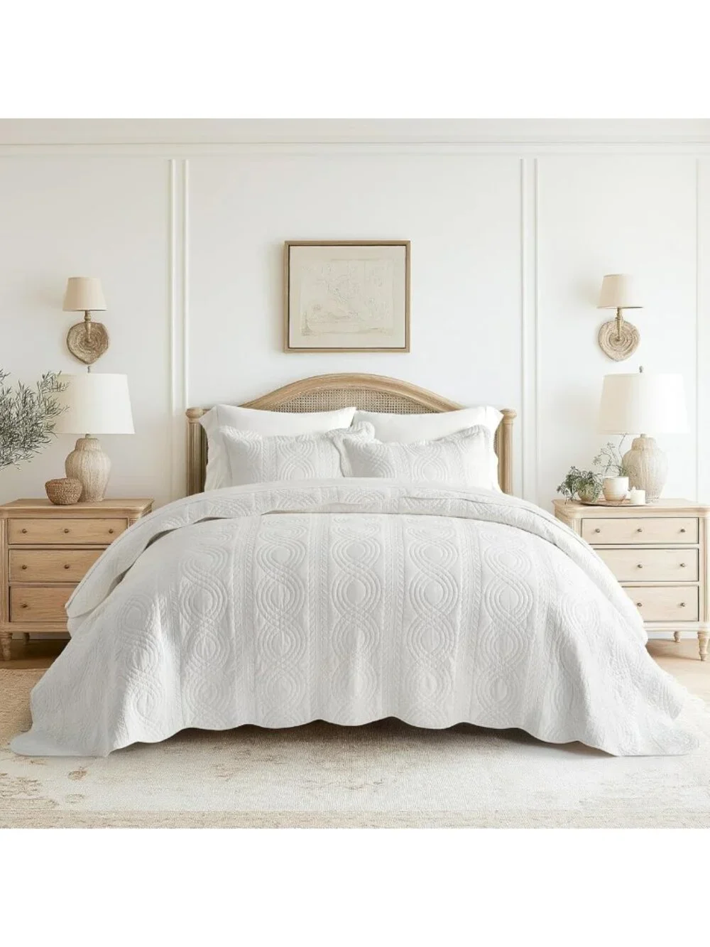 Queen Size 100% Cotton Scalloped Quilt Set - Bright White Bedding for Cozy